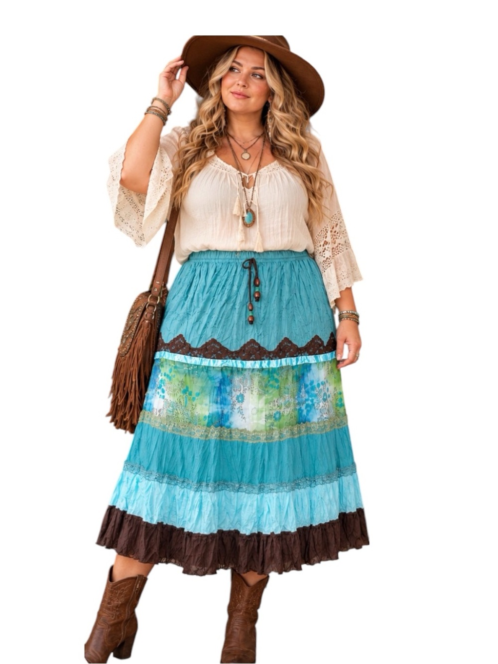 Broomstick Y2K Boho Midi Skirt Size 18W 20W Brown Lace Floral Festival Fairy